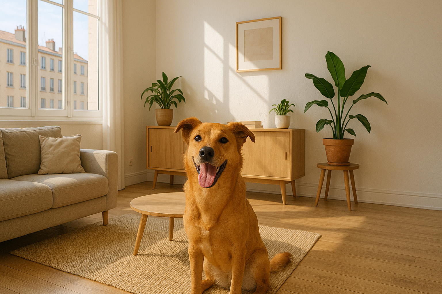 Chien heureux dans un salon